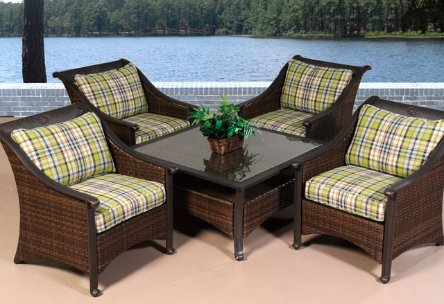 wicker patio set table storage plaid cushions outdoor