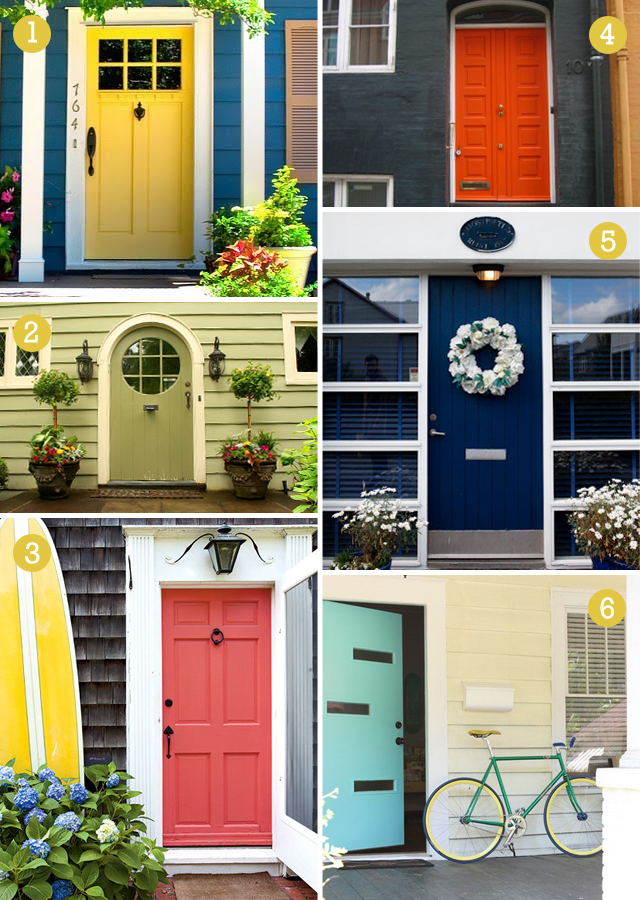colorful front door examples coral yellow navy blue green orange teal