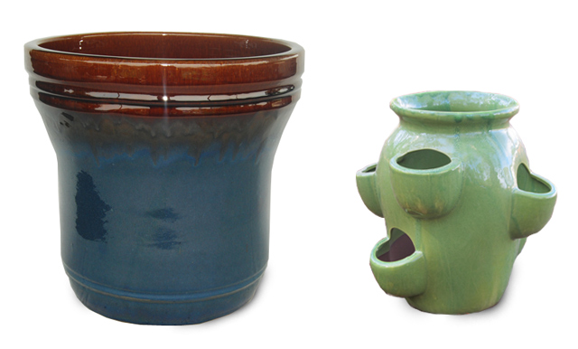 strawberry pot, blue brown ceramic planter pottery